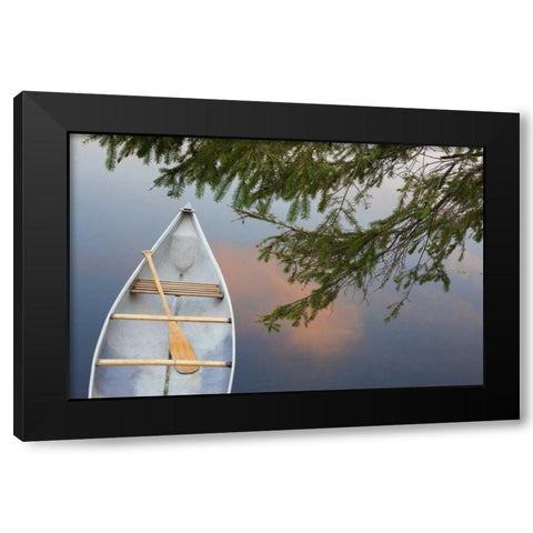 Canada, Quebec, Eastman Canoe on lake at sunset Black Modern Wood Framed Art Print by Delisle, Gilles