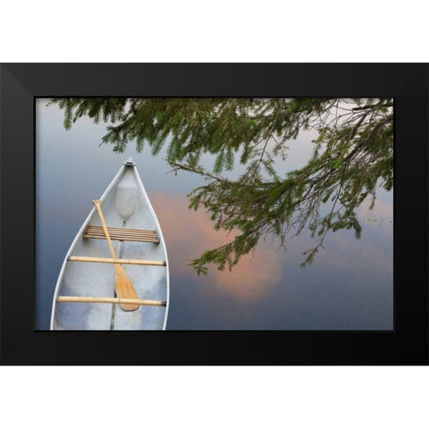Canada, Quebec, Eastman Canoe on lake at sunset Black Modern Wood Framed Art Print by Delisle, Gilles
