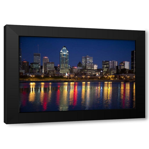 Canada, Montreal Night over downtown and river Black Modern Wood Framed Art Print by Zuckerman, Jim