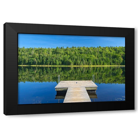 Canada-Quebec-La Mauricie National Park Tree reflection and dock in Lac Modene Black Modern Wood Framed Art Print with Double Matting by Jaynes Gallery