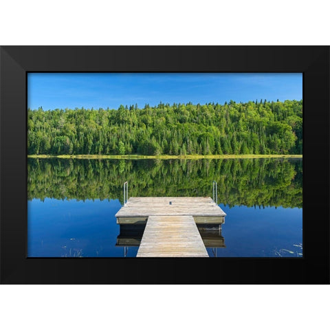 Canada-Quebec-La Mauricie National Park Tree reflection and dock in Lac Modene Black Modern Wood Framed Art Print by Jaynes Gallery
