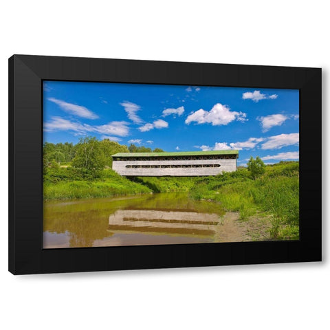 Canada-Quebec-St-Bruno-de-Guigues Covered bridge over river Black Modern Wood Framed Art Print with Double Matting by Jaynes Gallery