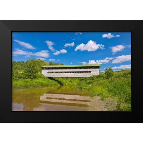 Canada-Quebec-St-Bruno-de-Guigues Covered bridge over river Black Modern Wood Framed Art Print by Jaynes Gallery