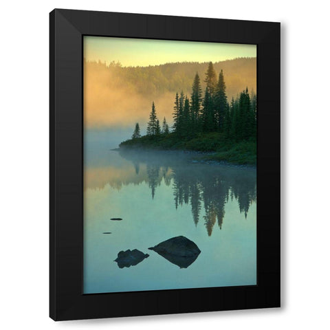 Canada-Quebec-Chibougamau Lake in fog at sunrise Black Modern Wood Framed Art Print by Jaynes Gallery