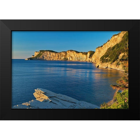 Canada-Quebec-Forillon National Park Limestone cliffs along Gulf of St Lawrence at sunrise Black Modern Wood Framed Art Print by Jaynes Gallery