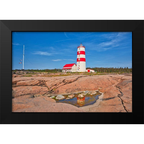 Canada-Quebec-Pointe-des-Monts Lighthouse on shore of St Lawrence River Black Modern Wood Framed Art Print by Jaynes Gallery