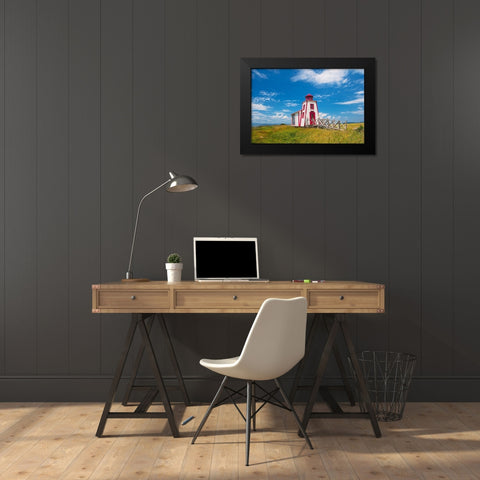 Canada-Quebec-Kamouraska Lighthouse on shore of St Lawrence River Black Modern Wood Framed Art Print by Jaynes Gallery