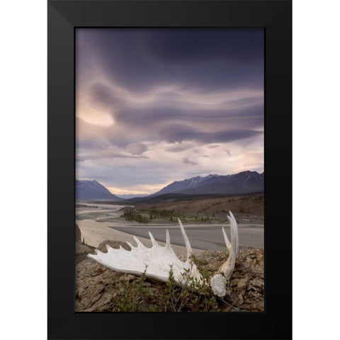 Canada, BC, Yukon, Moose antler and landscape Black Modern Wood Framed Art Print by Paulson, Don