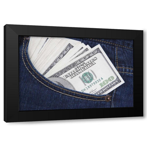 Some US $100 bills in a jeans pocket Black Modern Wood Framed Art Print with Double Matting by Flaherty, Dennis