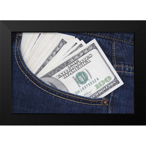 Some US $100 bills in a jeans pocket Black Modern Wood Framed Art Print by Flaherty, Dennis