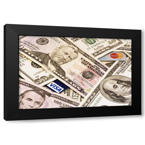 Assorted US paper currency and credit cards Black Modern Wood Framed Art Print with Double Matting by Flaherty, Dennis