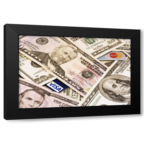 Assorted US paper currency and credit cards Black Modern Wood Framed Art Print by Flaherty, Dennis