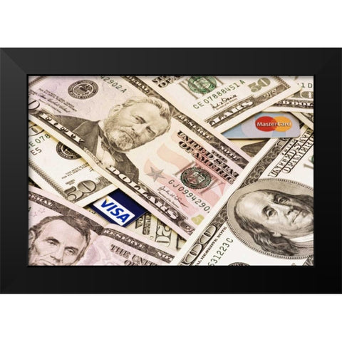 Assorted US paper currency and credit cards Black Modern Wood Framed Art Print by Flaherty, Dennis