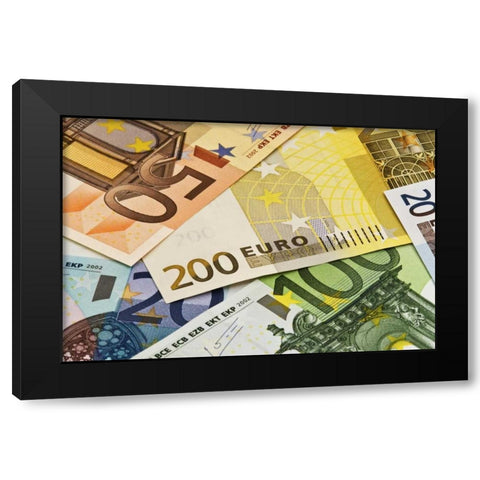 Close-up of assorted Euro paper currency Black Modern Wood Framed Art Print by Flaherty, Dennis