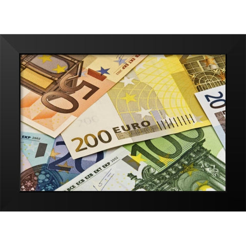 Close-up of assorted Euro paper currency Black Modern Wood Framed Art Print by Flaherty, Dennis