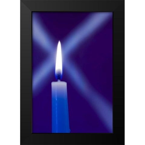 Burning candle with star burst on blue background Black Modern Wood Framed Art Print by Kaveney, Wendy