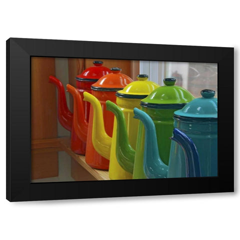 Coffee pots in orderly row on window sill Black Modern Wood Framed Art Print by Terrill, Steve