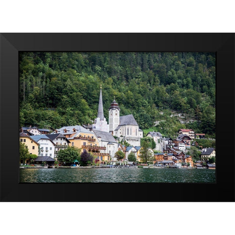 Austria-Hallstatt-Town of Hallstatt as seen from Lake Hallstatt  Black Modern Wood Framed Art Print by Looney, Hollice