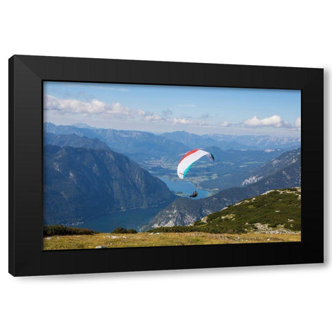 Austria-Dachstein-Paraglider soaring above Lake Hallstatt and the surrounding mountains Black Modern Wood Framed Art Print with Double Matting by Looney, Hollice