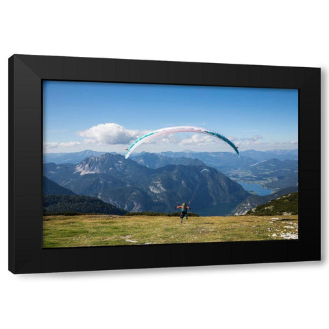 Austria-Dachstein-Paragliders as they prepare to take off above Lake Hallstatt Black Modern Wood Framed Art Print with Double Matting by Looney, Hollice