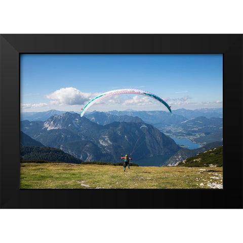 Austria-Dachstein-Paragliders as they prepare to take off above Lake Hallstatt Black Modern Wood Framed Art Print by Looney, Hollice