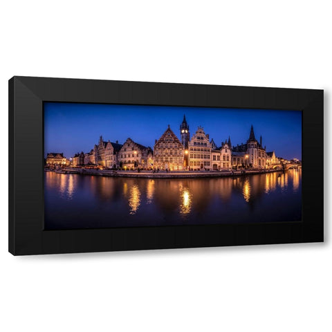 Europe-Belgium-Ghent-Panoramic of town and canal reflections at night Black Modern Wood Framed Art Print by Jaynes Gallery