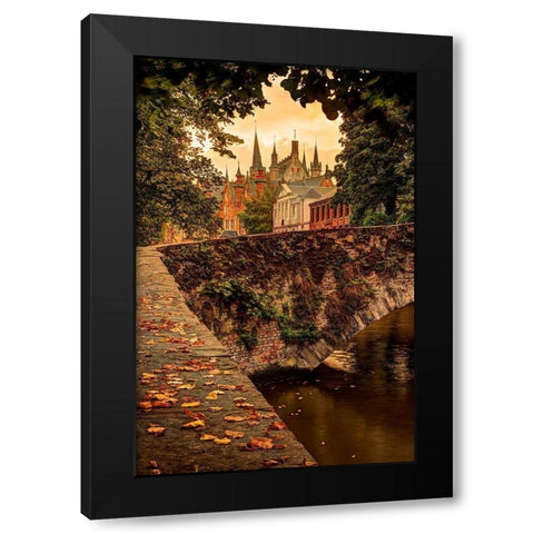 Fall leaf strewn bridge over a canal in Bruges-Belgium Black Modern Wood Framed Art Print with Double Matting by Steve Mohlenkamp