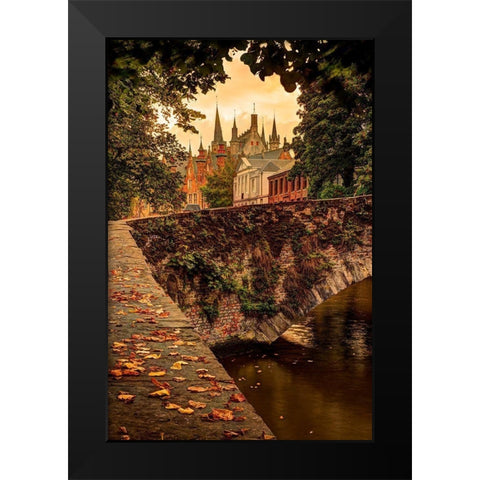 Fall leaf strewn bridge over a canal in Bruges-Belgium Black Modern Wood Framed Art Print by Steve Mohlenkamp