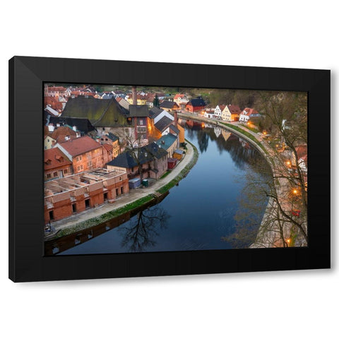 Europe-Czech Republic-Cesky Krumlov-Overview of town and Vltava River Black Modern Wood Framed Art Print by Jaynes Gallery