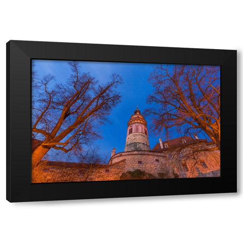 Europe-Czech Republic-Cesky Krumlov-Castle and trees at sunset Black Modern Wood Framed Art Print by Jaynes Gallery