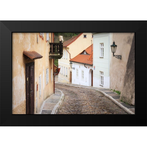 Europe-Czech Republic-Prague-Houses on cobblestone street Black Modern Wood Framed Art Print by Jaynes Gallery