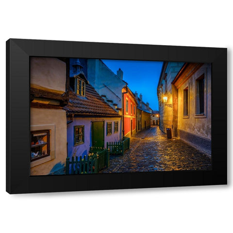 Europe-Czech Republic-Prague-Golden Lane buildings and street at night Black Modern Wood Framed Art Print with Double Matting by Jaynes Gallery