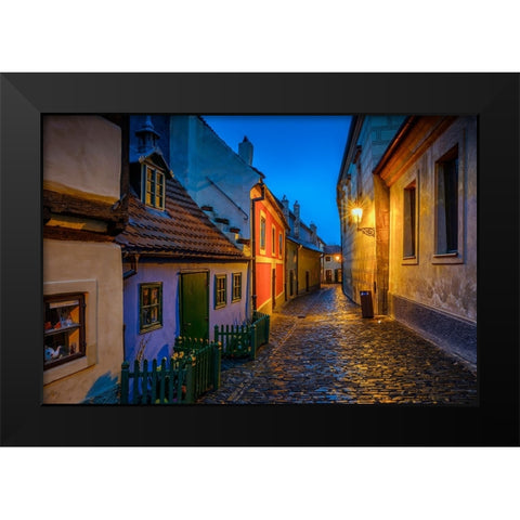 Europe-Czech Republic-Prague-Golden Lane buildings and street at night Black Modern Wood Framed Art Print by Jaynes Gallery
