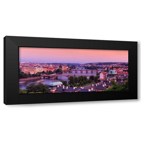 Europe-Czech Republic-Prague-Panoramic overview of Vltava River and bridges Black Modern Wood Framed Art Print by Jaynes Gallery