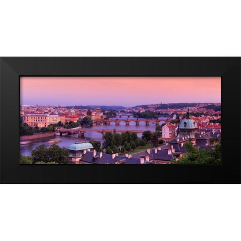 Europe-Czech Republic-Prague-Panoramic overview of Vltava River and bridges Black Modern Wood Framed Art Print by Jaynes Gallery