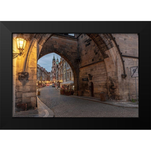 Arch of Lesser Town Bridge Tower on Charles Bridge with St Nicholas Church in Prague-Czech Republic Black Modern Wood Framed Art Print by Haney, Chuck