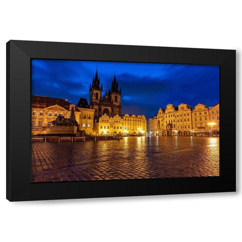 Tyn Church at dawn on wet cobblestones in Old Town Square in Prague-Czech Republic Black Modern Wood Framed Art Print by Haney, Chuck