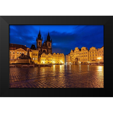 Tyn Church at dawn on wet cobblestones in Old Town Square in Prague-Czech Republic Black Modern Wood Framed Art Print by Haney, Chuck