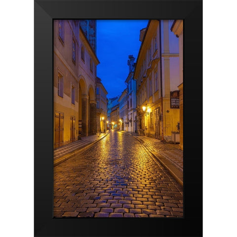 Narrow wet cobblestone streets in Old Town in Prague-Czech Republic Black Modern Wood Framed Art Print by Haney, Chuck