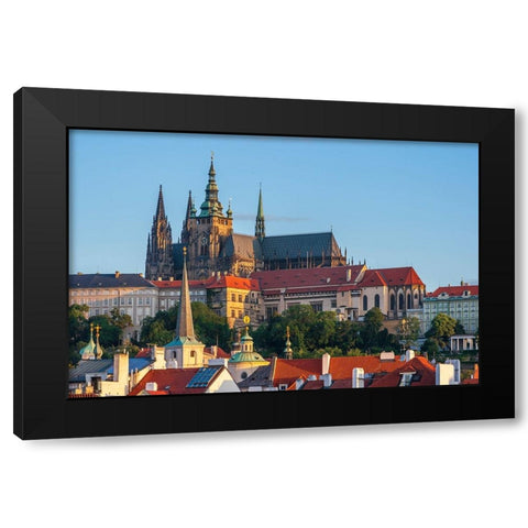 Prague-Czech Republic-St-Vitus Cathedral above roofs of city Black Modern Wood Framed Art Print by Haseltine, Tom