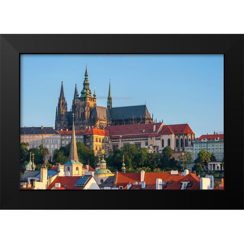 Prague-Czech Republic-St-Vitus Cathedral above roofs of city Black Modern Wood Framed Art Print by Haseltine, Tom