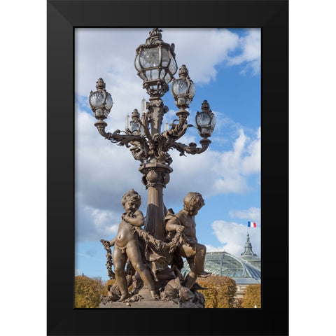 Paris. Decorative street lamps- at Pont Alexandre III- along River Seine. Black Modern Wood Framed Art Print by Wilson, Emily M.