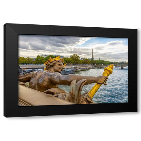 Paris. Nymphes de la Seine statue on Pont Alexandre III- along River Seine. Distant Eiffel Tower. Black Modern Wood Framed Art Print with Double Matting by Wilson, Emily M.