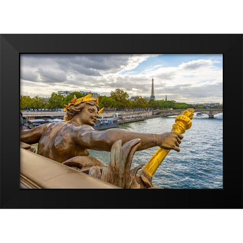 Paris. Nymphes de la Seine statue on Pont Alexandre III- along River Seine. Distant Eiffel Tower. Black Modern Wood Framed Art Print by Wilson, Emily M.