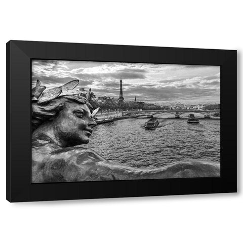 Paris. Nymphes de la Seine statue on Pont Alexandre III- along River Seine. Distant Eiffel Tower. Black Modern Wood Framed Art Print with Double Matting by Wilson, Emily M.