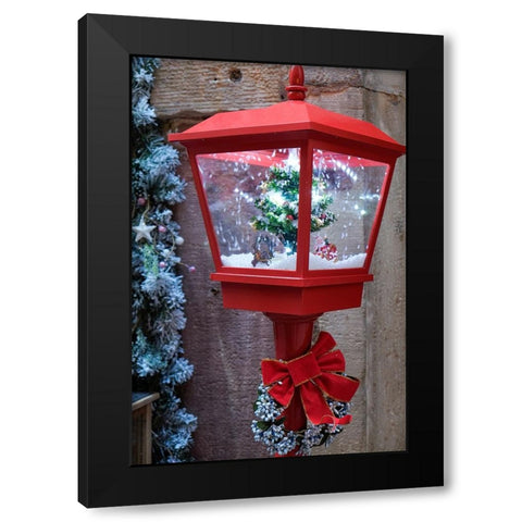 Strasbourg-France Christmas red lamp post with blowing snow inside Black Modern Wood Framed Art Print by McRoberts, Julien