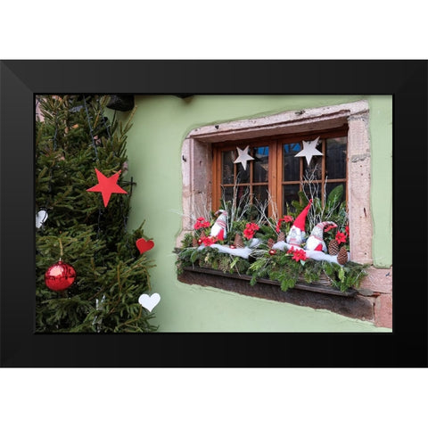 Riquewihr-France Village established 1400s in Alsace Region Window decorated Christmas ornaments Black Modern Wood Framed Art Print by McRoberts, Julien