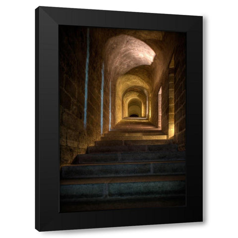 Stairs and hallway in Mont Saint-Michel on the Normandy coast of France Black Modern Wood Framed Art Print by Steve Mohlenkamp
