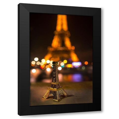 A souvenir Eiffel Tower on the wall of the Seine River across from the real thing Black Modern Wood Framed Art Print by Steve Mohlenkamp