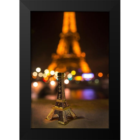 A souvenir Eiffel Tower on the wall of the Seine River across from the real thing Black Modern Wood Framed Art Print by Steve Mohlenkamp